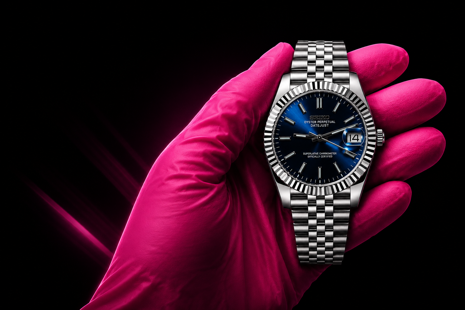 Svart premiumklocka i en rosa handske PinkWatches
